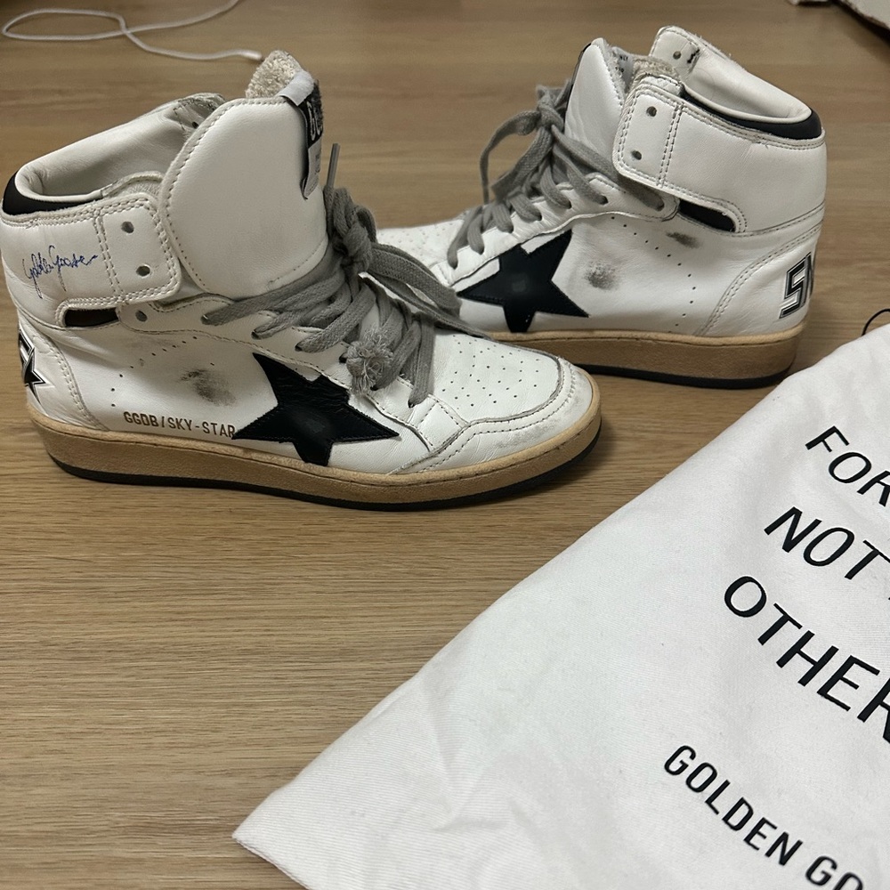 Golden Goose Sky-Star distressed printed leather high-top sneakers